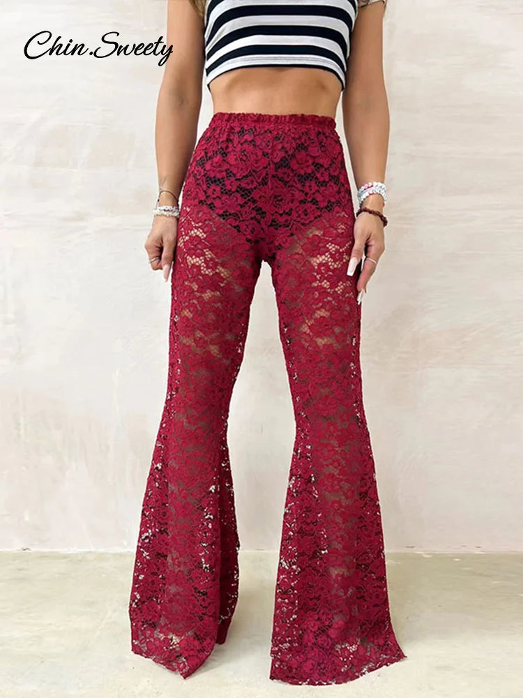 Lace Sheer Flare Pant Hollow Out Lady Vacation Long Trousers Female Spring Elastic High Waist New