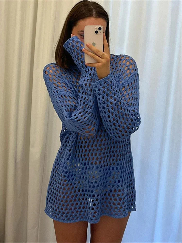 Hollow Out Knit Cover Up Dress for See-through Loose Beach Holiday Mini Dress Summer Splice Knitwear Cover Up