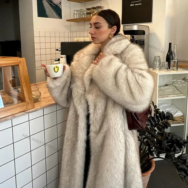 Slouchy Gradient Long Eco Faux Fur Coat Winter Thick Warm Fluffy Fox Fur Jacket Brand Overcoat
