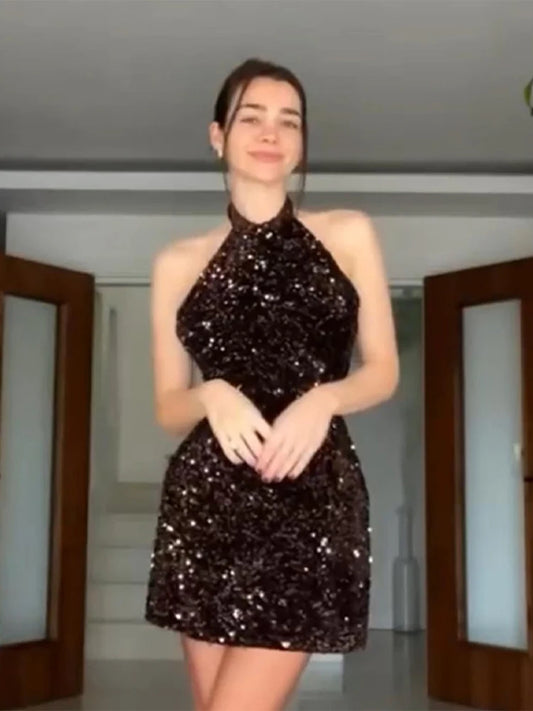 Sequined Halter Backless Mini Dress Off Shoulder A-line Party Evening Dresses Summer Lady Slim Glitter Vestidos