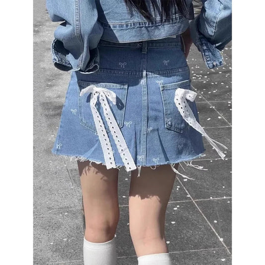 Korean Retro Bow Lace Patchwork Denim Aline Skirt Summer New High Waist Slim Frayed Mini Skirt