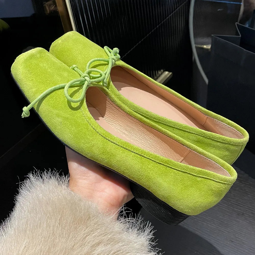 Natural Suede Leather Square Toe Slipon Ballet Flats Sweet Bowtie Female Ballerians Soft Comfort Shoes for