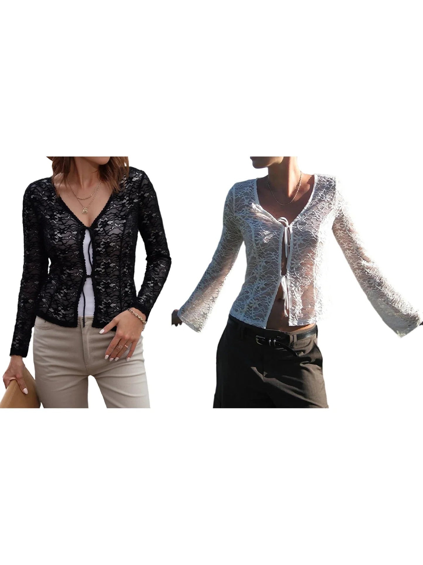 Lace Trimmed V-neck Blouse With Tie Front Detail and Long Sleeves - Stylish S Shirt for Street Style