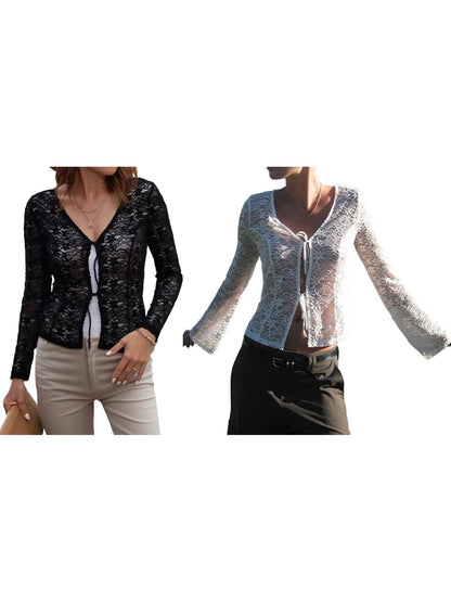 Lace Trimmed V-neck Blouse With Tie Front Detail and Long Sleeves - Stylish S Shirt for Street Style