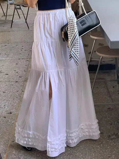 French Style Patchwork Mushroom Edge Split Skirt Summer New Versatile and Personalized Aline Long Skirts