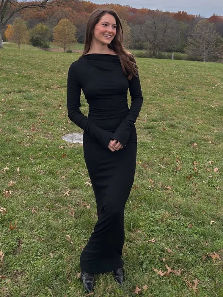 White Skew Collar Long Sleeve Maxi Dress for Autumn Winter New Bodycon Party Dress Female High Waist