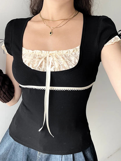 Sweet Y2k Contrast Lace Patchwork Square Collar Black T-shirt Short Sleeve Basic Balletcore Summer Tops