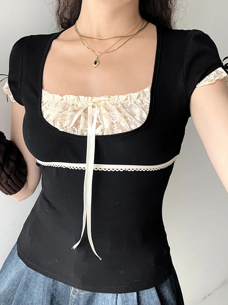 Sweet Y2k Contrast Lace Patchwork Square Collar Black T-shirt Short Sleeve Basic Balletcore Summer Tops
