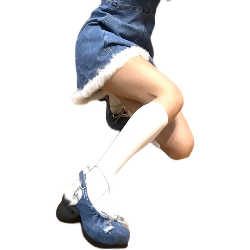 Denim Chunky Heel Bow Mary Jane Sandals Buckle Metal Decoration Square Toe Lace Up Pumps Shallow Wrinkled Woolen Shoes