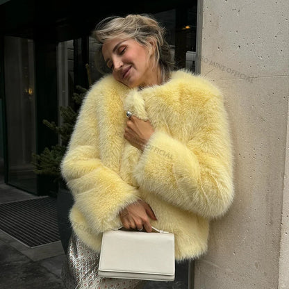 Cool Street Winter Fluffy Fox Fur Jacket Round Neck Faux Fur Coat Thick Warm Outerwear