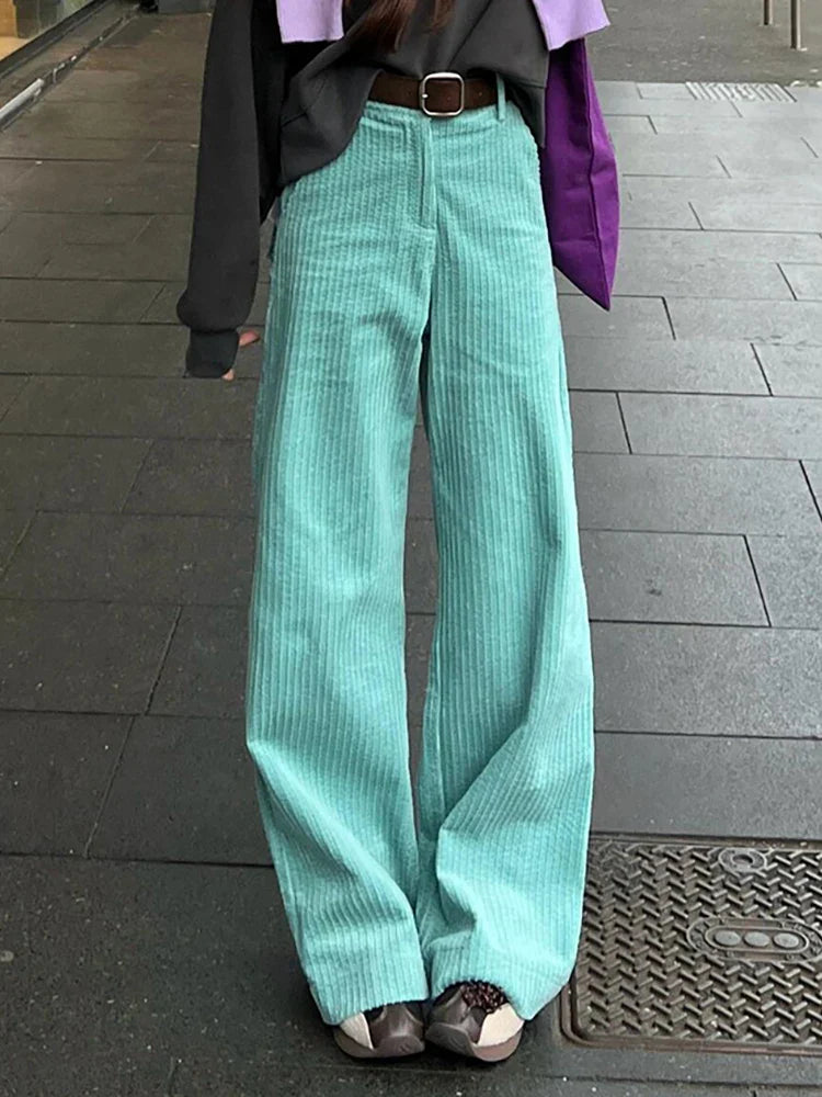 Striped Corduroy Wide Pants Plain High Rise Straight Loose Draped Long Trousers Korean Autumn Clothes