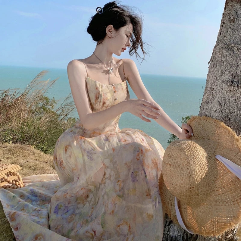New French Holiday Fairy Beach Style Long Dress Fragmented Chiffon Strap Dress