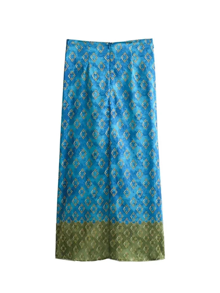 Summer Long Skirt for Woman Printed High Waist Ruched High Slit Dresses Female Slim Fit Midi Skirts