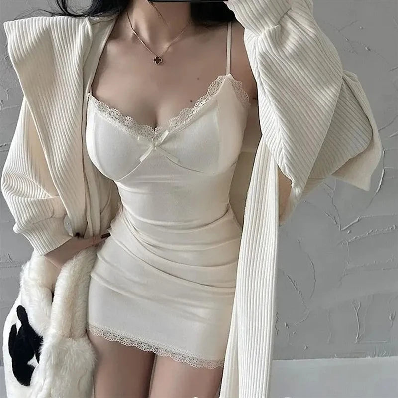 Hot Girl Lace Suspender Dress for Spring and Summer With Breast Pads Slim Low Collar Bottoming Hip Skirt