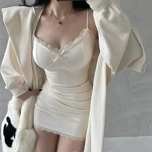Hot Girl Lace Suspender Dress for Spring and Summer With Breast Pads Slim Low Collar Bottoming Hip Skirt