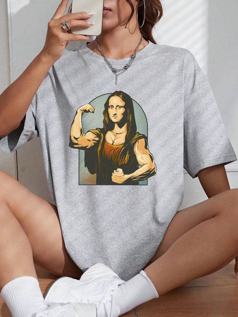 Playing Pranks on Mona Lisa Fitness Print T Shirt Oversized T-shirt Short Sleeve Cotton Loose Tshirt