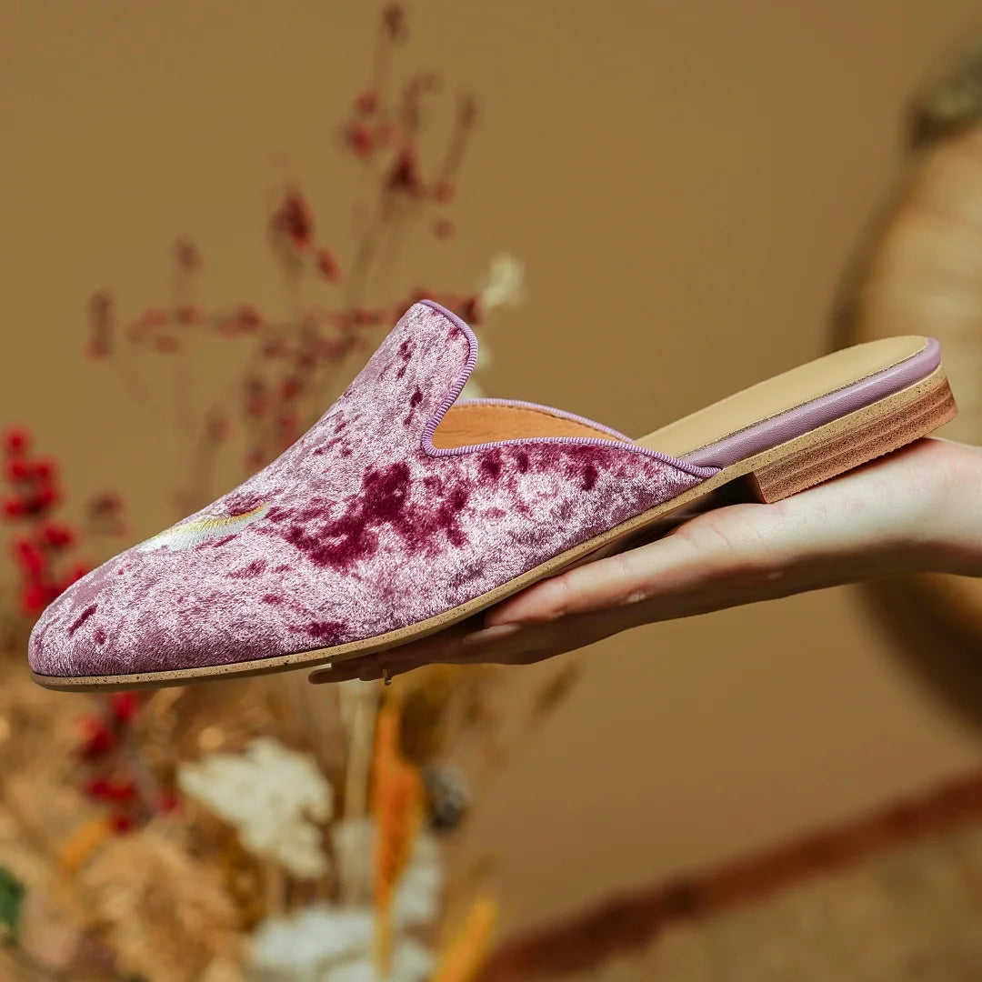 Embroidery Velvet Slipon Flats Summer Mules Round Toe Pigskin Inside Sheepskin Insole Female Sandals Shoes Woman