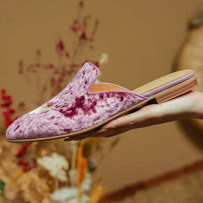 Embroidery Velvet Slipon Flats Summer Mules Round Toe Pigskin Inside Sheepskin Insole Female Sandals Shoes Woman