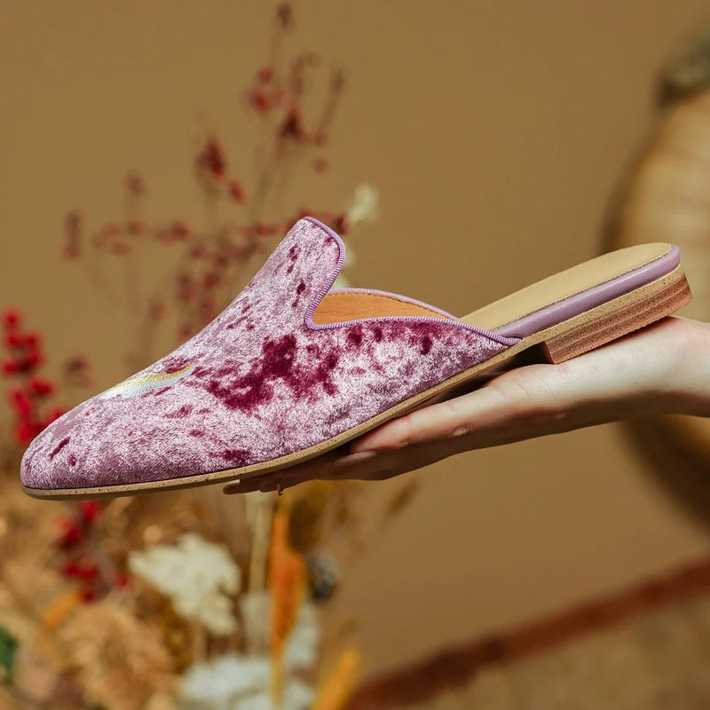 Embroidery Velvet Slipon Flats Summer Mules Round Toe Pigskin Inside Sheepskin Insole Female Sandals Shoes Woman