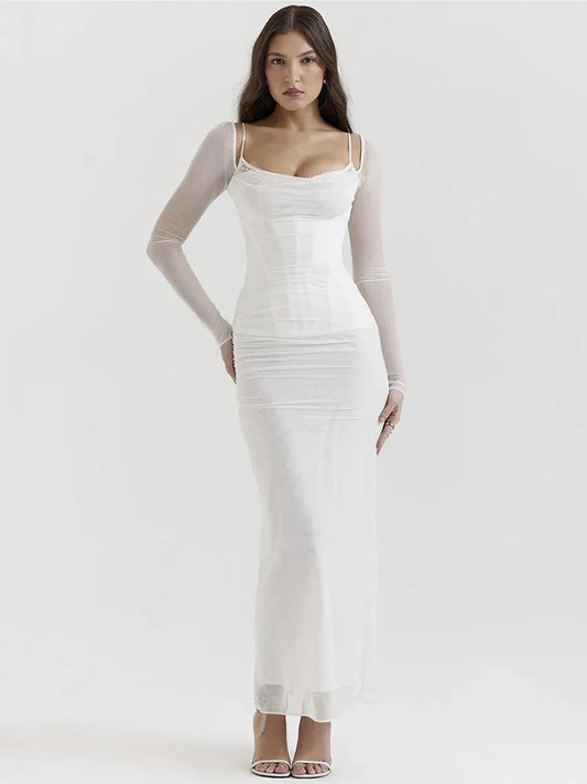 Sheer Long Sleeve Maxi Dress for Mesh Strapless Backless Club Party Long Dress New
