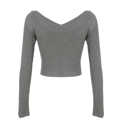 Gray Slim Y2k V-neck T-shirt Basic Print Gothic Dark Hotsweet Long Sleeve Crop Top Autumn New
