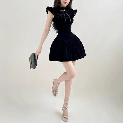 Flying Sleeve Aline Velvet Dress Black Sweet Japanese Style Sleeveless Princess Mini Dresses for Party Holiday