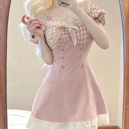 Princess Dress Pink Plaid Bow Onepiece Collar Lace Ruffle Party Mini Dresses Female Japanese Style Sweet Slim Dress