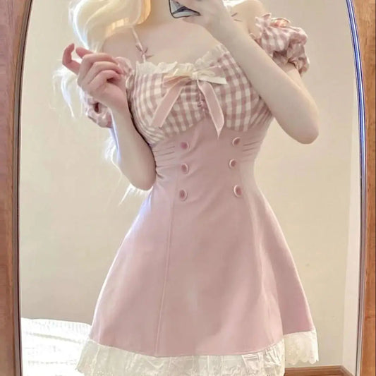 Princess Dress Pink Plaid Bow Onepiece Collar Lace Ruffle Party Mini Dresses Female Japanese Style Sweet Slim Dress