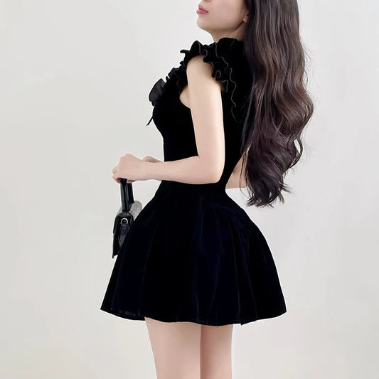 Flying Sleeve Aline Velvet Dress Black Sweet Japanese Style Sleeveless Princess Mini Dresses for Party Holiday