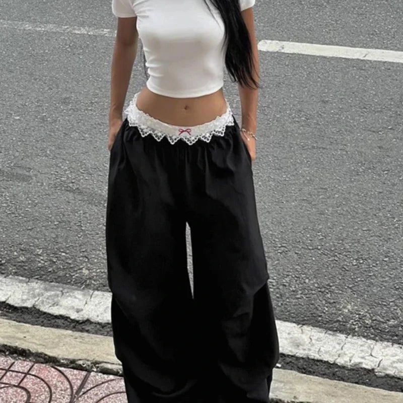 Korean Retro Contrast Color Lace Patchwork Pants Autumn New High Waist Loose All Match Wide Leg Pants