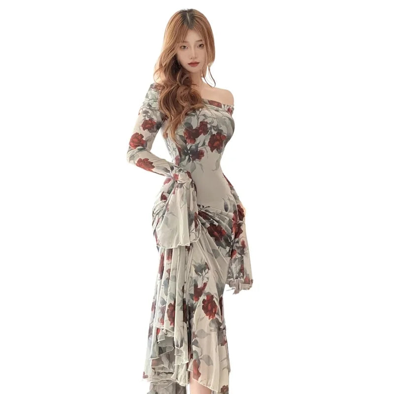 Summer French Print Midi Dress One Shoulder Dress Korean Even Party Female