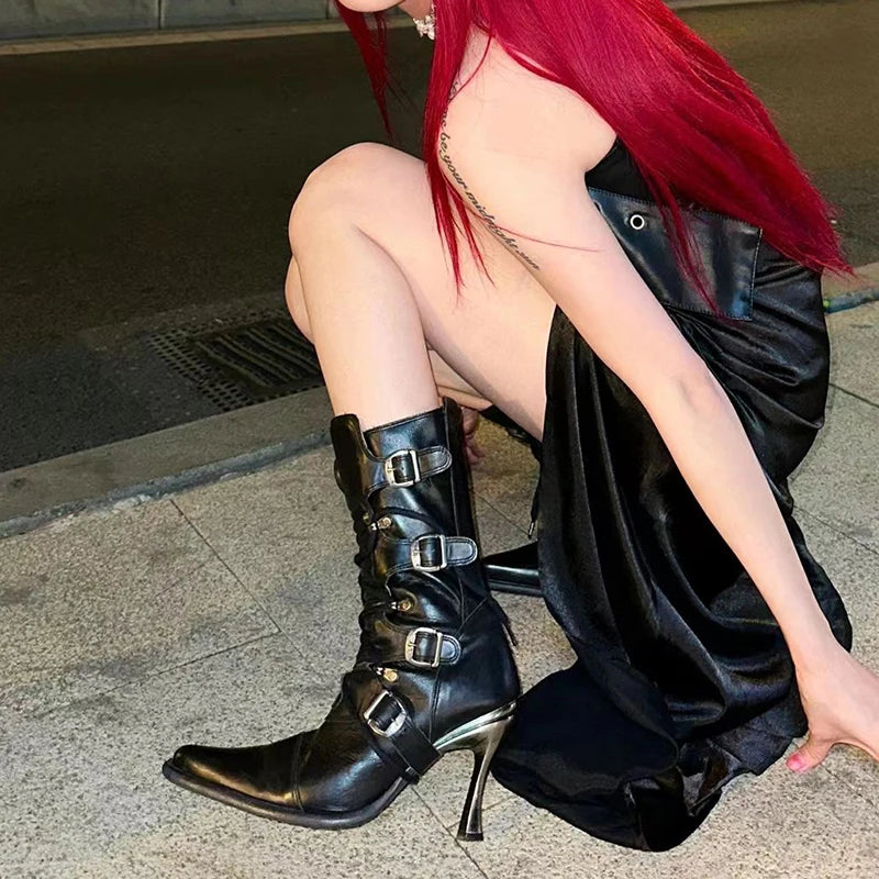Punk Mid Calf Boots Pointed Toe Metal Stiletto Heels Belt Buckle Detail Lace Up Rubber Sole Cowboy Cool Girl Shoes