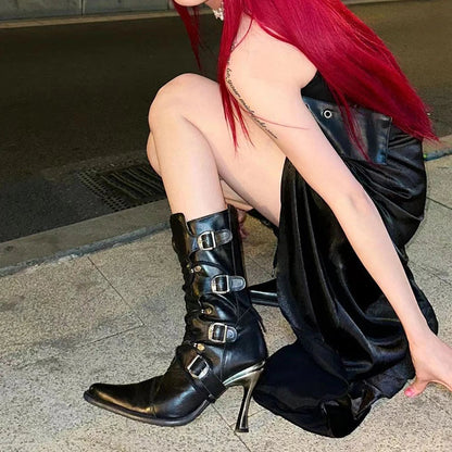 Punk Mid Calf Boots Pointed Toe Metal Stiletto Heels Belt Buckle Detail Lace Up Rubber Sole Cowboy Cool Girl Shoes