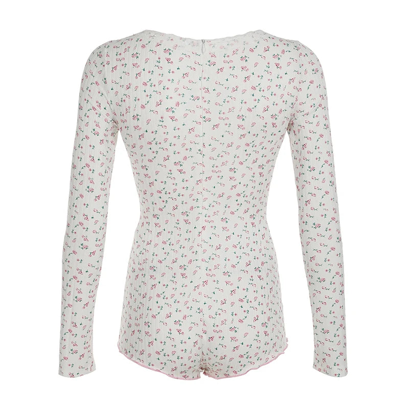 Sweet Fairy Gentle Playsuit Print Lace Trim V-neck Long Sleeve Korean Style Rompers