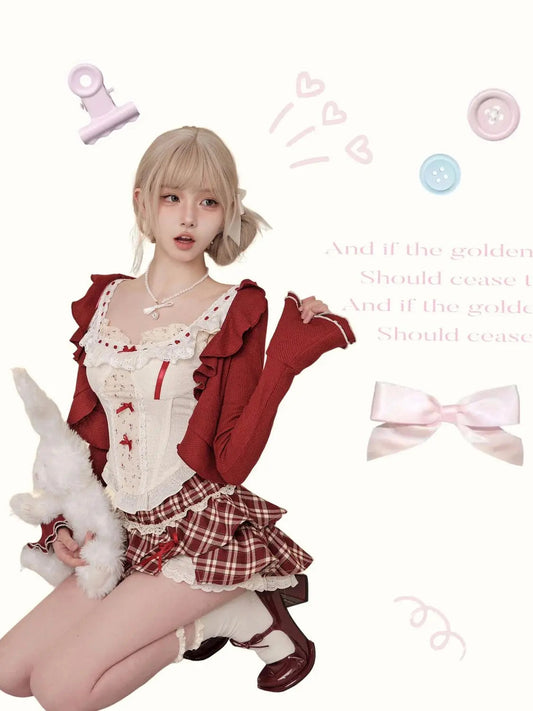 Red Sweet Cherry Summer Skirts Set Clothing Red Short Cardigan+tank Top+high Waist Splicing Plaid Skirt Three Piece Set