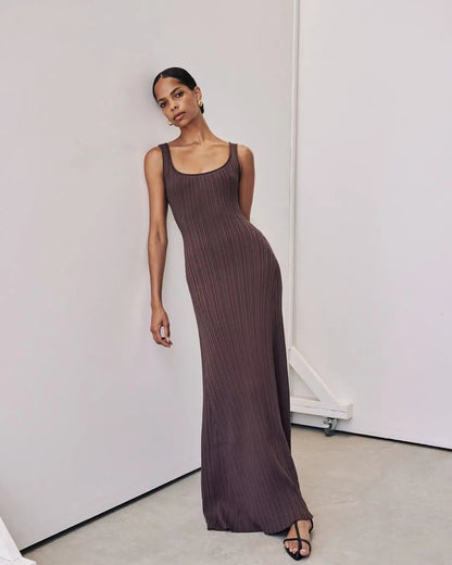 New Pit Striped Knitted Dress U Collar Sleeveless Slim Suspender Maxi Dresses Summer Holiday Vestidos