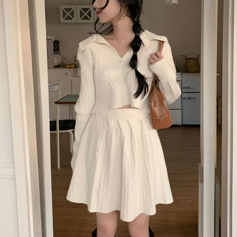 Korean Two-piece Set Pullover Turn-down Collar Crop Top Mini Skirt Suit Autumn New Knitwear Outfits