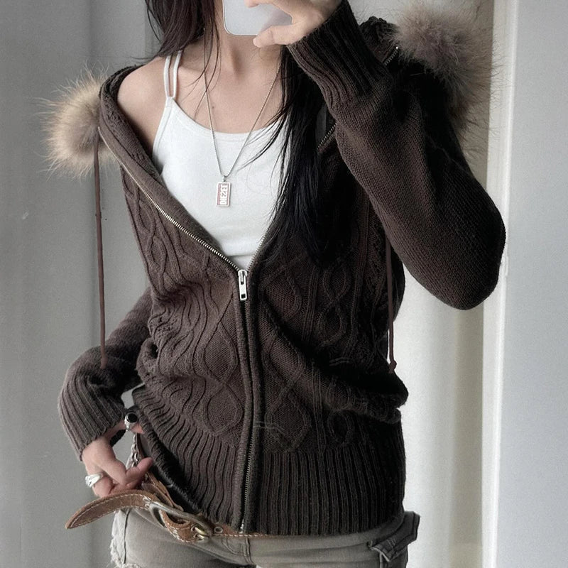 Fur Hooded Cardigan Fall Brown Knitted Zipper Coat Winter Street Outfits Korean Jacket 2000s