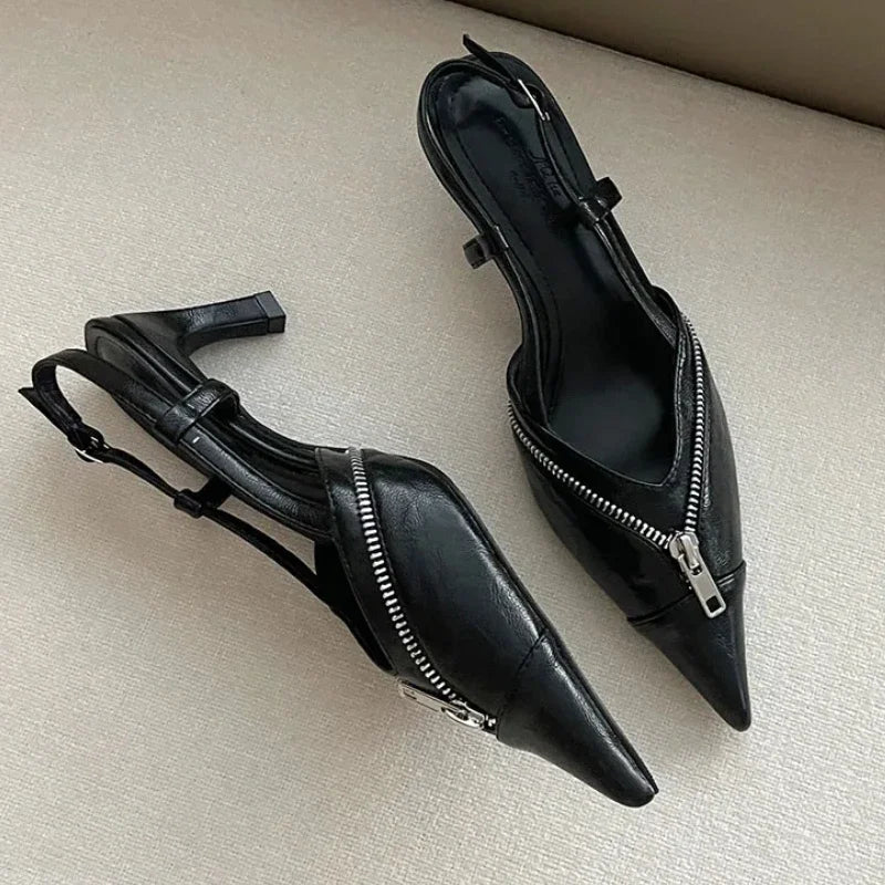 Pointed Toe Mules Pump Zip Design Slingbacks High Heels Female Footwear Summer Brand Shoes