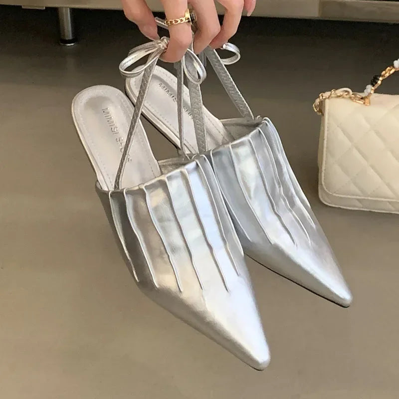 Pointed Pleated Low Heel Shallow Slingback Shoes New Brand Designer Lace Office Mule Shoes