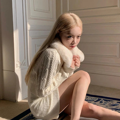 Lazy Lapel Neck Fur Sweaters Mujer Autumn New White Cardigan Coat Y2k Long Sleve Zipper Knitted Tops