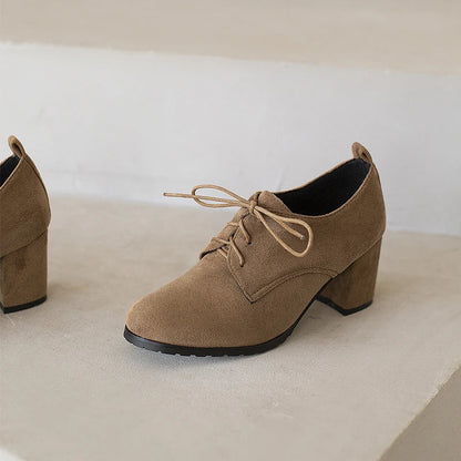 Spring New Retro Pumps Classics Flock Lace Up Office Round Toe Block High Heel Shoes Female Size 3343 Black Brown