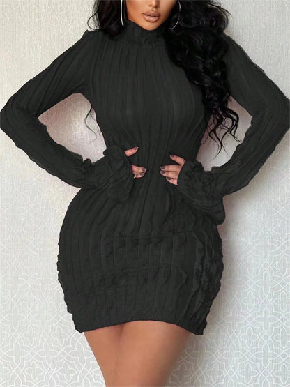 High Necked Pleated Slim Dress New Spring Long Sleeved Office Wrap Hip Dress Club Party Mini Dress Vestidos