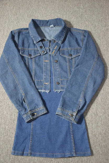 V High Street Denim Suit Spring New Short Coat Jacket Suspenders Tube Top Dress Korean Twopiece Set