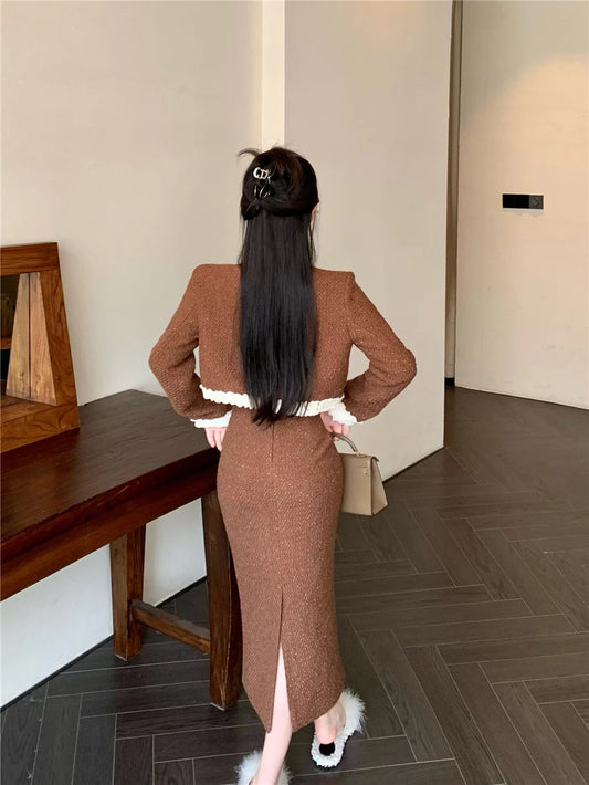 Small Fragrance Tweed Skirts Sets O Neck Patchwork Short Cardigans Jacket Long Skirt Korean Two Piece Set Female Outfits
