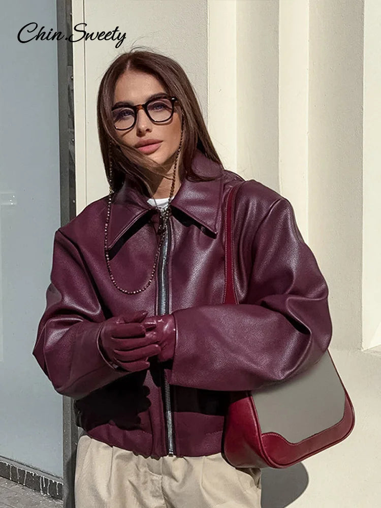 Lapel Leather Bomber Jacket Loose Zipper Long Sleeves Locomotive Coat Autumn New Lady High Street Outerwear