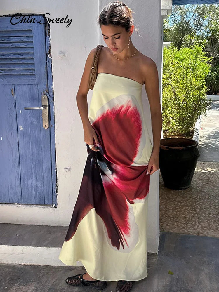 Printed Strapless Long Dresses Loose Off the Shoulder Sleeveless Beach Dress Summer Lady Vacation Robes
