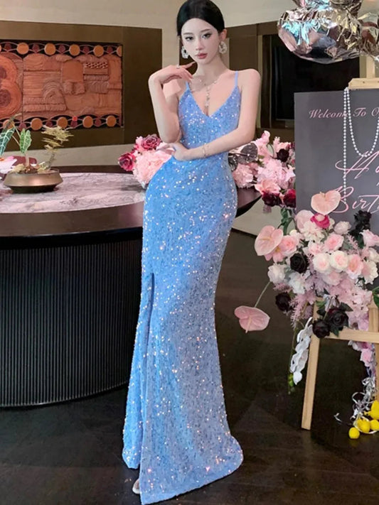 Blue Evening Gown Dresses Slim Backless Vneck Split Maxi Dress Robe Birthday Party Spring Autumn