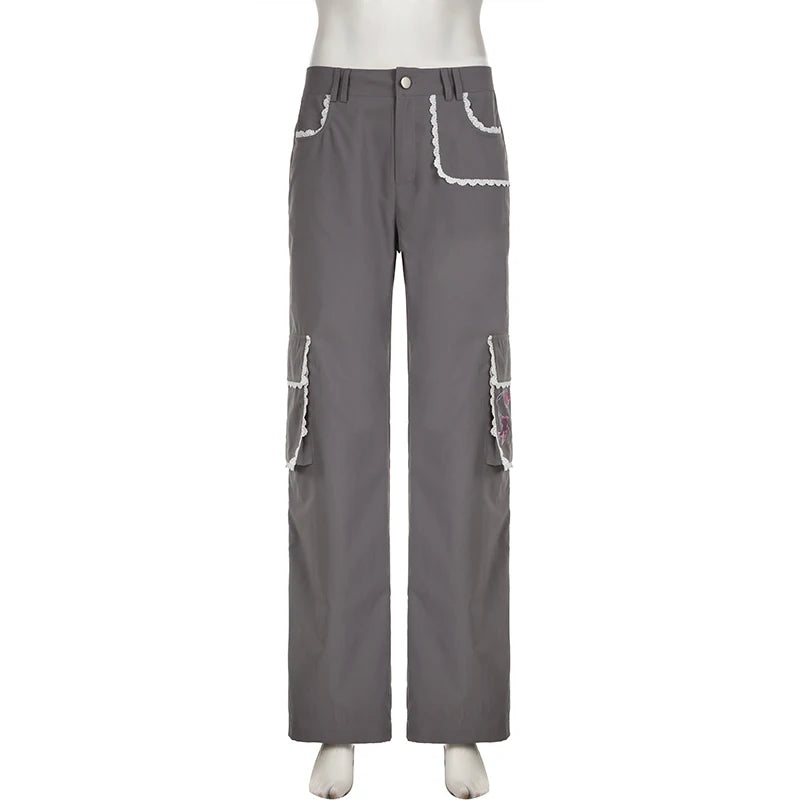 Woman Denim Pants Loose Trousers Low Waist Sweatpants Floorlength Cargo Pockets Pants Bell Bottoms Hiking Design Pant Y2k
