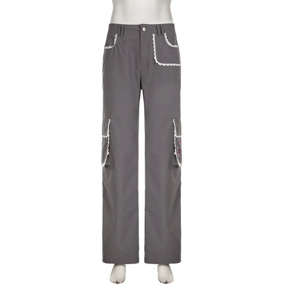 Woman Denim Pants Loose Trousers Low Waist Sweatpants Floorlength Cargo Pockets Pants Bell Bottoms Hiking Design Pant Y2k